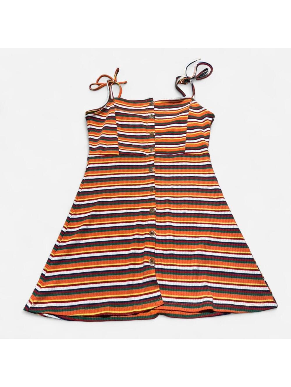 Topshop Orange Retro Striped Mini Tank Top Dress, Button Front Tie Straps Size 8